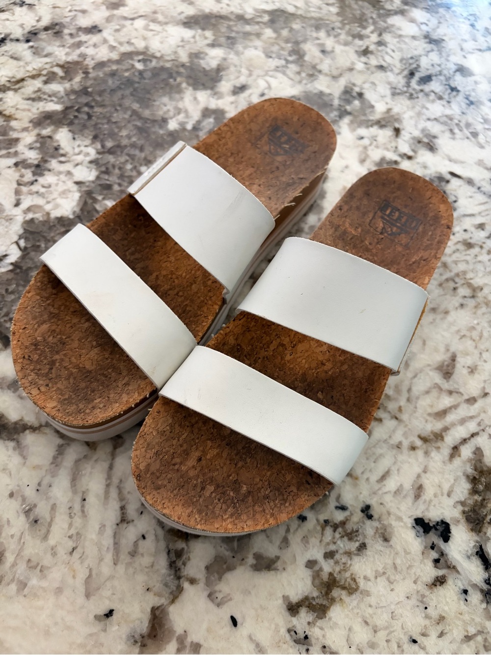 Reef White Double-Strap Cork Slide Sandals